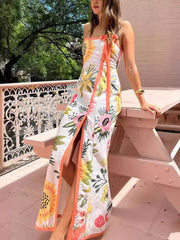 Yellow Floral Bowtie Bandeau Dresses