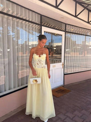 Creamy Yellow Lace Paneled Chiffon Maxi Dress