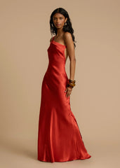 Orange Red Satin One Shoulder Maxi Dress