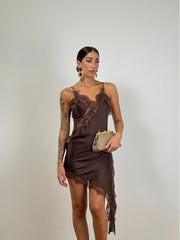 Elegant Brown Lace-Insert Slip Mini Dress