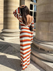 Red Striped Knit Backless Maxi Dress