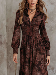 Brown Paisley Print Long Sleeves Midi Dress