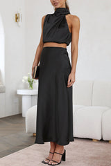 High Neck Satin and Maxi Skirt Two-Piece Suit