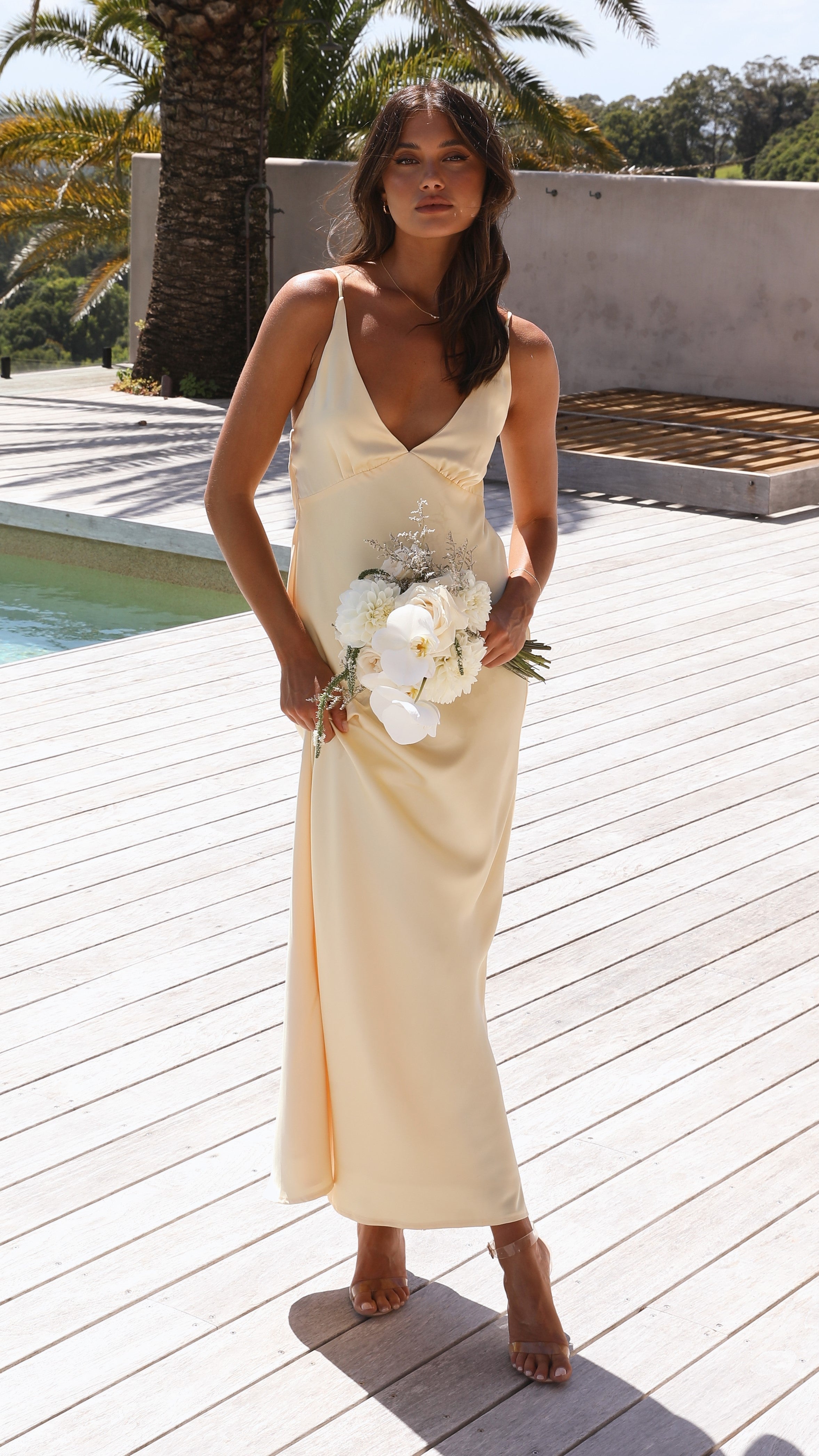 Light Yellow Satin V Neck Maxi Dress