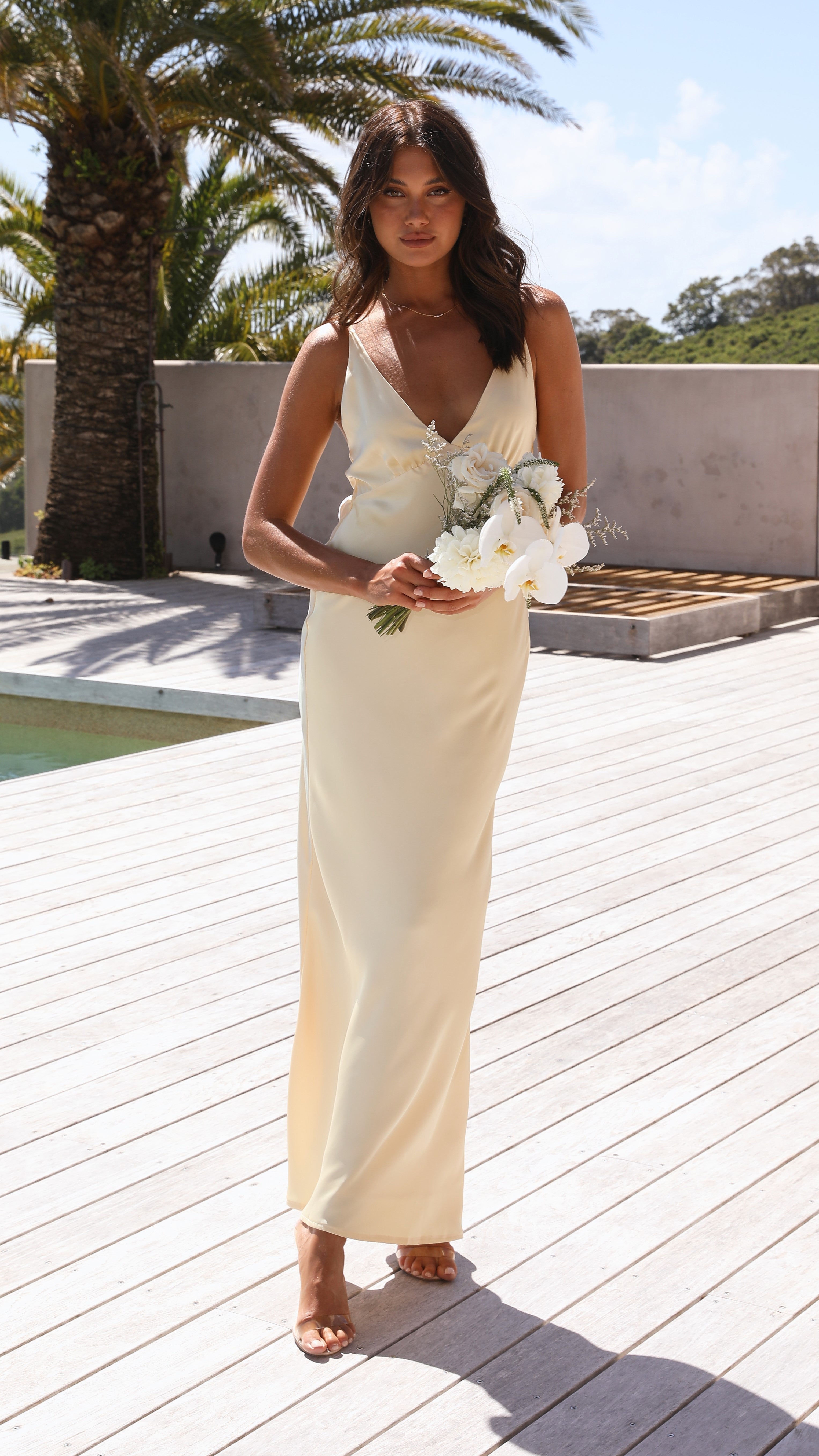 Light Yellow Satin V Neck Maxi Dress