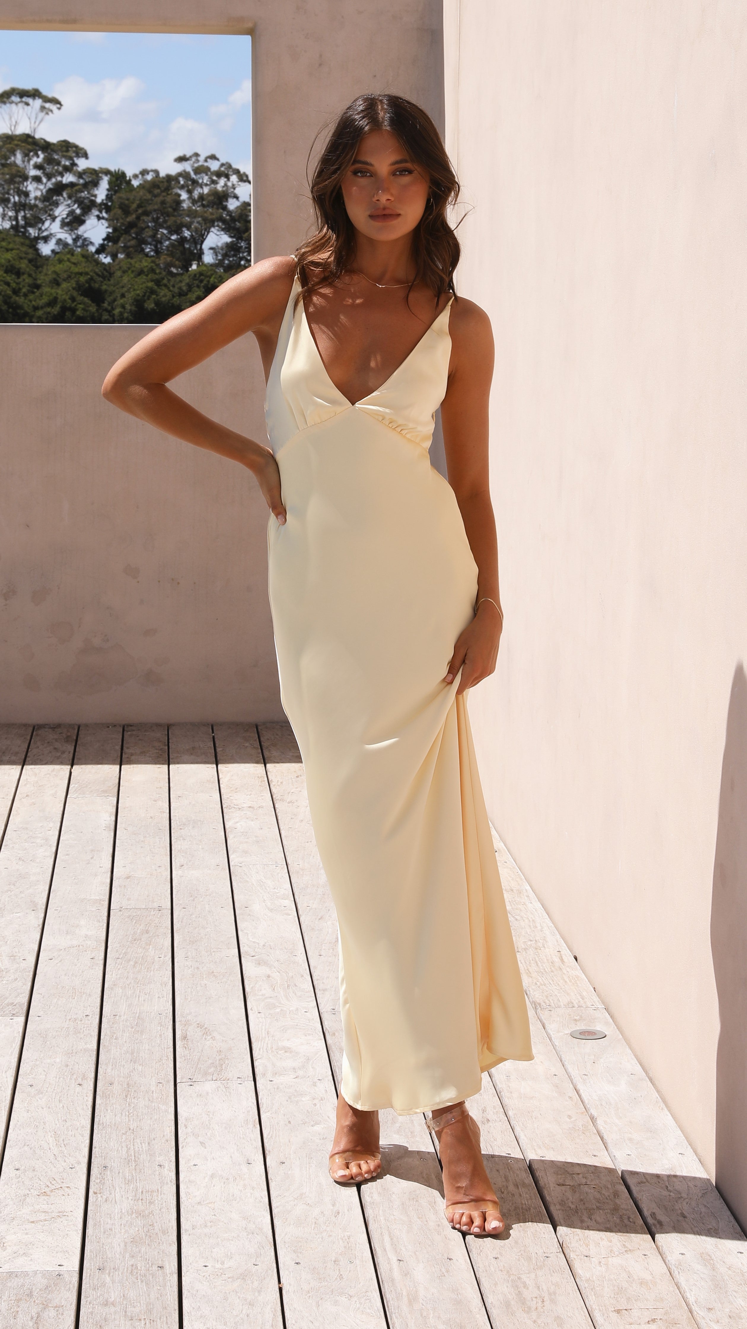 Light Yellow Satin V Neck Maxi Dress