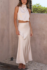 High Neck Satin and Maxi Skirt Two-Piece Suit