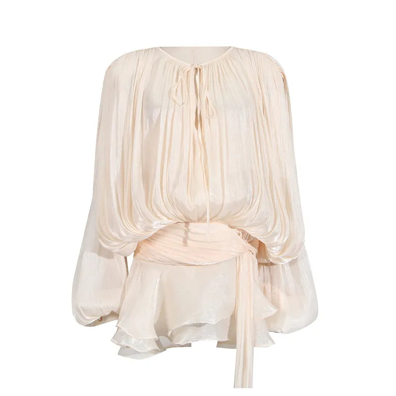 Beige Textured Long Sleeves Mini Dress