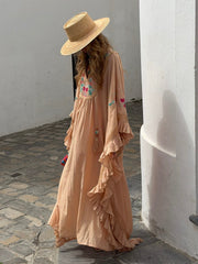 Boho Peach Floral Embroidered Maxi Dress