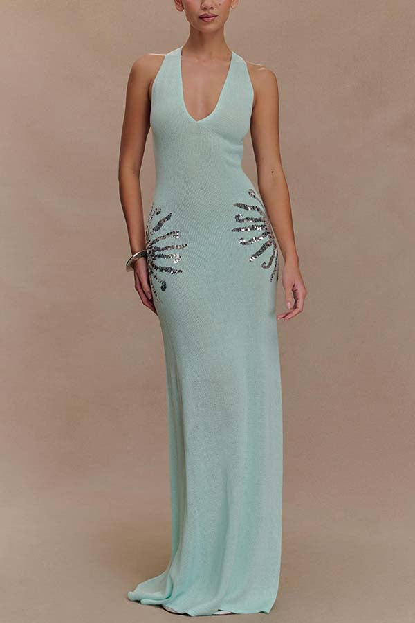 Sequin Star Back Crossover Straps Knit Maxi Dress