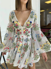 Beige Embroidery Floral Lantern Sleeve Mini Dress