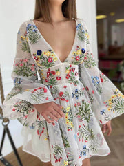 Beige Embroidery Floral Lantern Sleeve Mini Dress