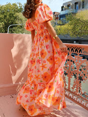 Orange Floral Square Neckline Maxi Dress