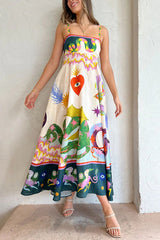 Boho Unique Print Linen Slip Midi Dress