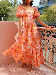 Orange Floral Square Neckline Maxi Dress