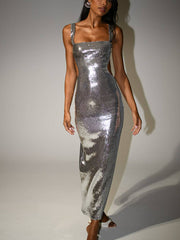 Silvery Sequined Open Back Maxi Dress