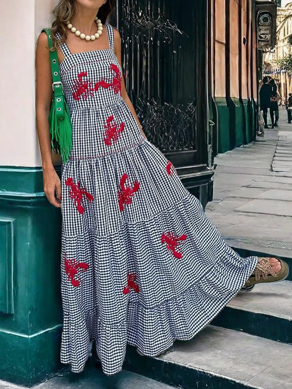 Blue Plaid Camisole Midi Dress