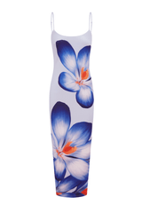 Violet Flower Print Slim Fit Midi Dress