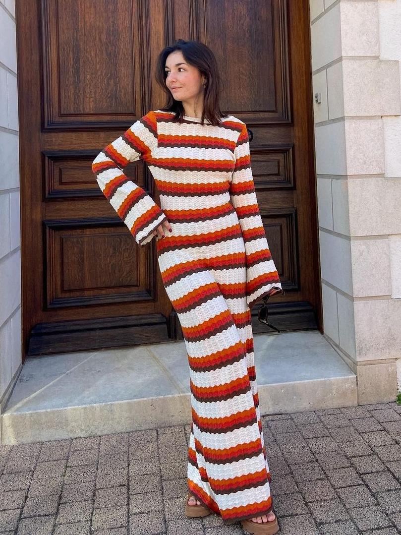 Red Striped Knit Backless Maxi Dress
