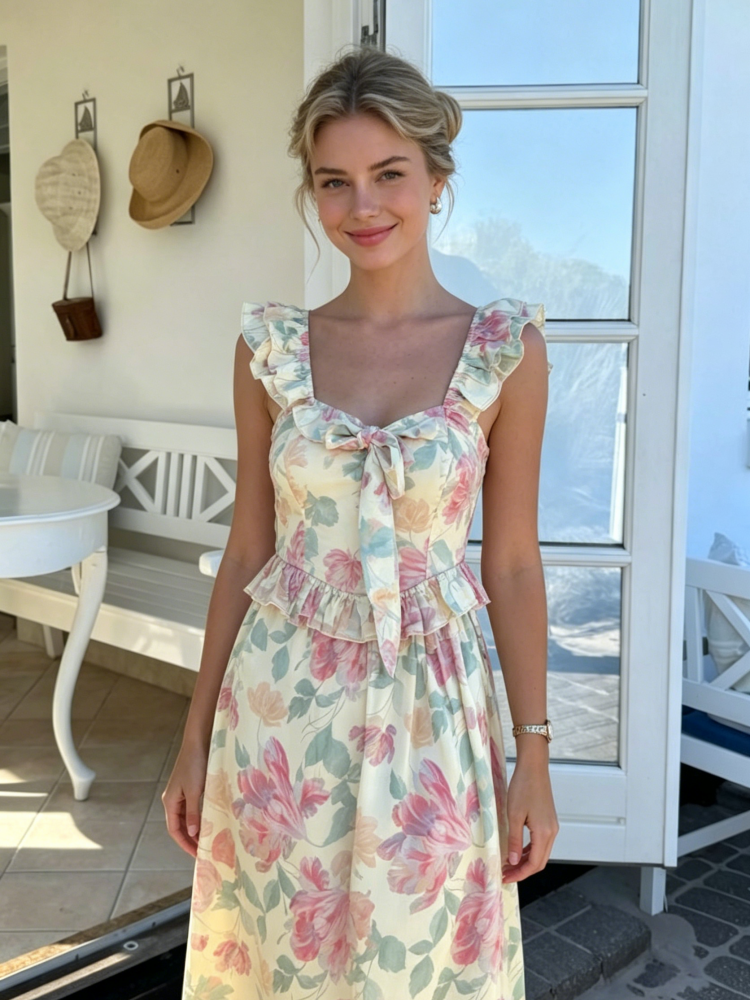 Pastel Floral Bowtie Maxi Dress