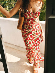 Red Rose Floral Slip Midi Dress