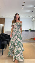 Off Shoulder Palm Printed Maxi Dress