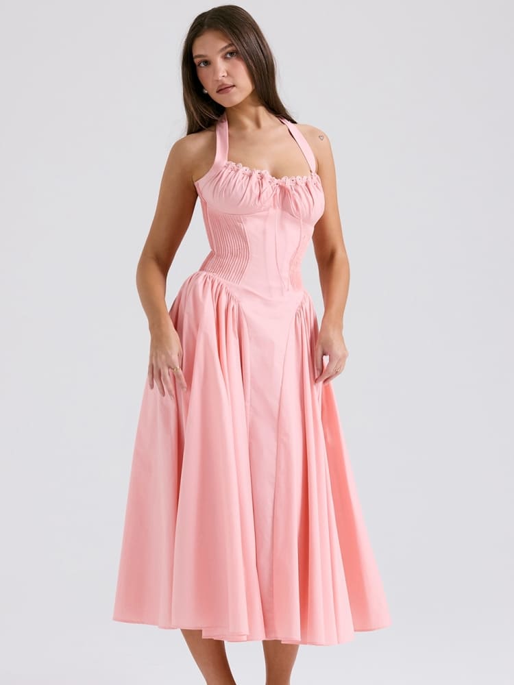 Peach Pink Pleated Halter Midi Dress