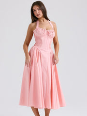 Peach Pink Pleated Halter Midi Dress