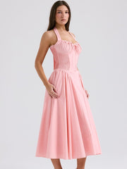 Peach Pink Pleated Halter Midi Dress