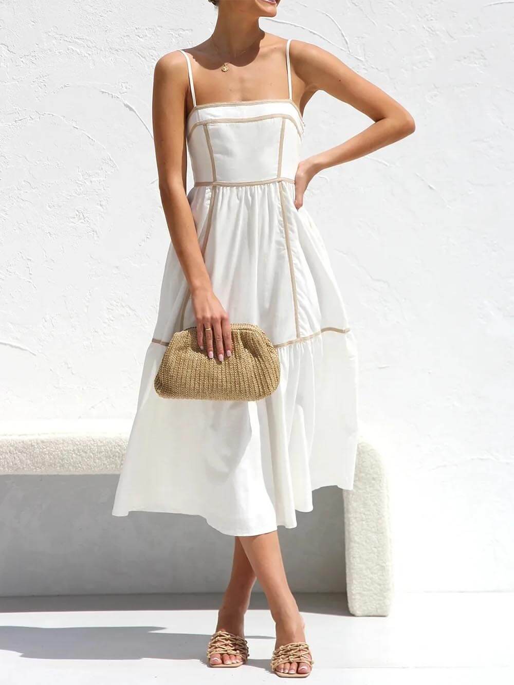 Contrast Straps Trim Slip Midi Dress