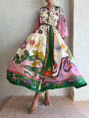 Wild Life Print Long Sleeve Midi Dress