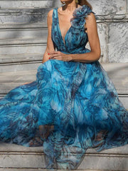 Blue Floral Print Sleeveless Maxi Dress