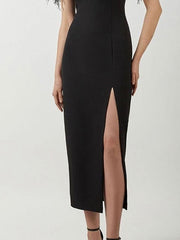 Black Off Shoulder Feather Midi Dress
