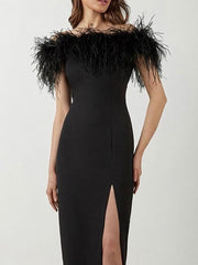 Black Off Shoulder Feather Midi Dress
