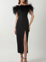 Black Off Shoulder Feather Midi Dress