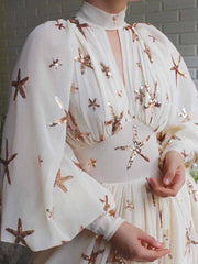 Beige Sequined Stars Chiffon Maxi Dress