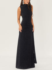 Black High-Necked Sleeveless Maxi Dress With Ribbons