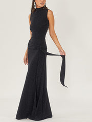 Black High-Necked Sleeveless Maxi Dress With Ribbons
