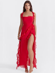 Red Ruffled Trim Maxi Slip Dress