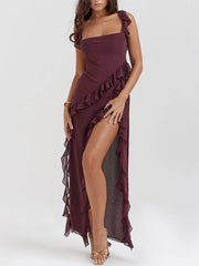 Wine Red Ruffle Edge High Slit Maxi Dress