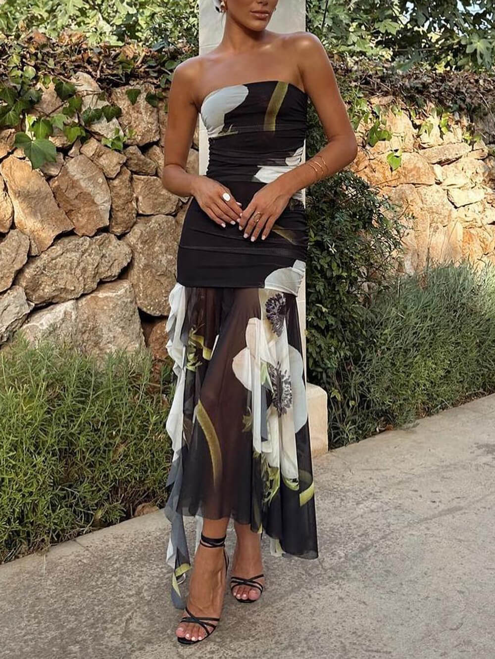 Black Floral Ruched Midi Dress