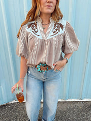 Gingham Print Puff Sleeve Blouse
