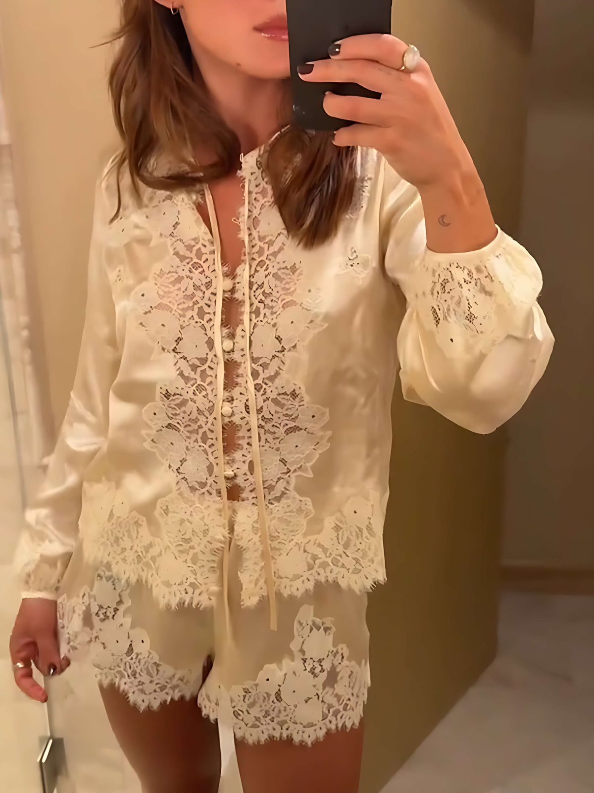 Crochet Lace Edge Satin Pajama Two Piece Suit