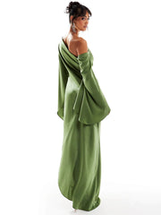 Green Long Sleeves Satin Maxi Dress