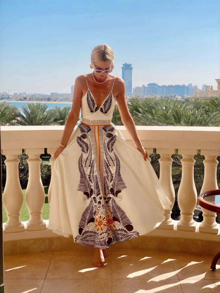 Elegant Feather Print Backless Tie Dress