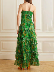 Green Floral Bandeau Tiered Maxi Dress
