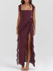 Wine Red Ruffle Edge High Slit Maxi Dress