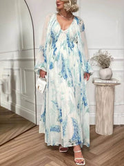 Blue Floral Long Sleeves Chiffon Maxi Dress