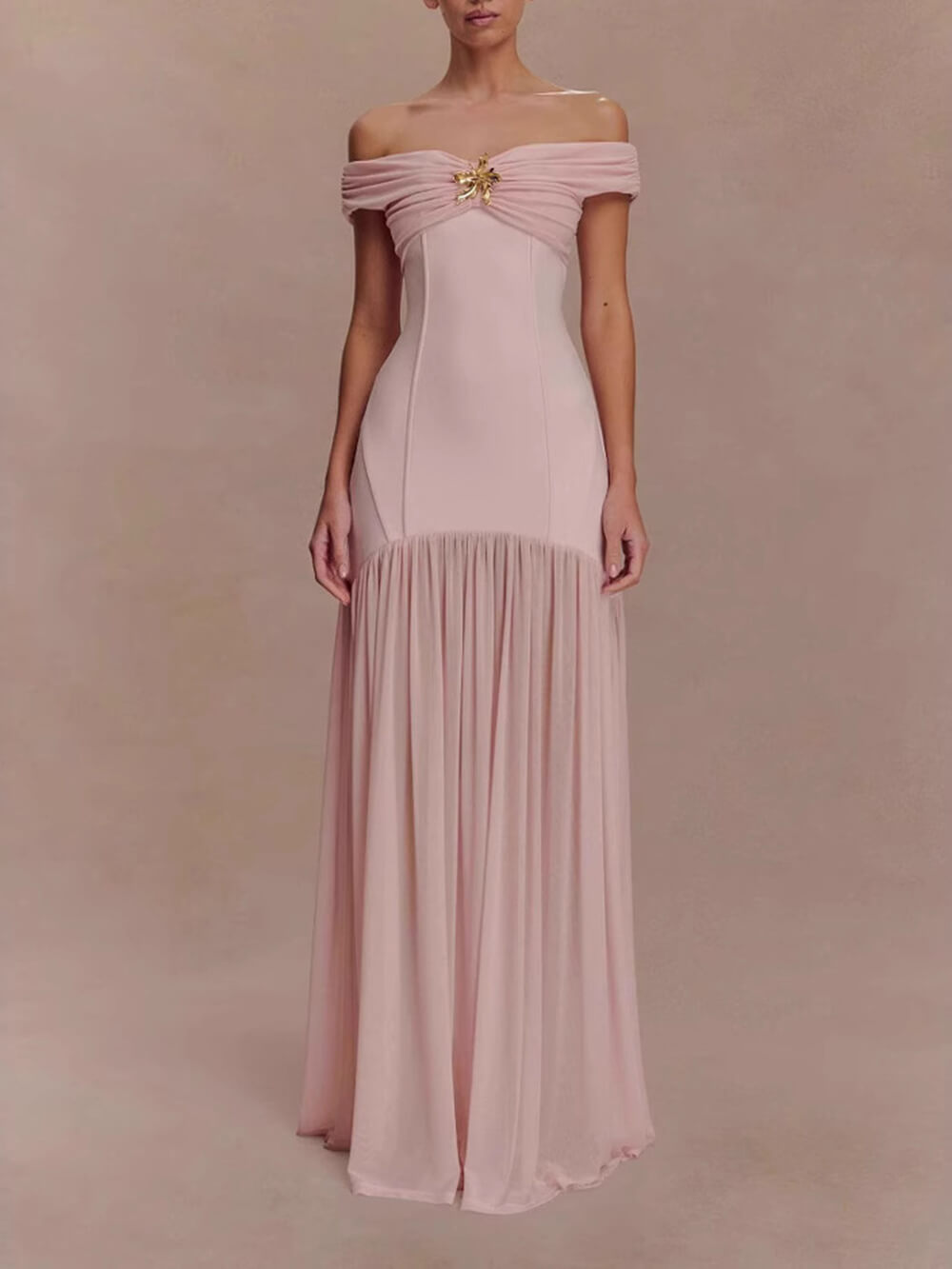 Pink Off the Shoulder Sheath Maxi Dress