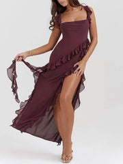 Wine Red Ruffle Edge High Slit Maxi Dress